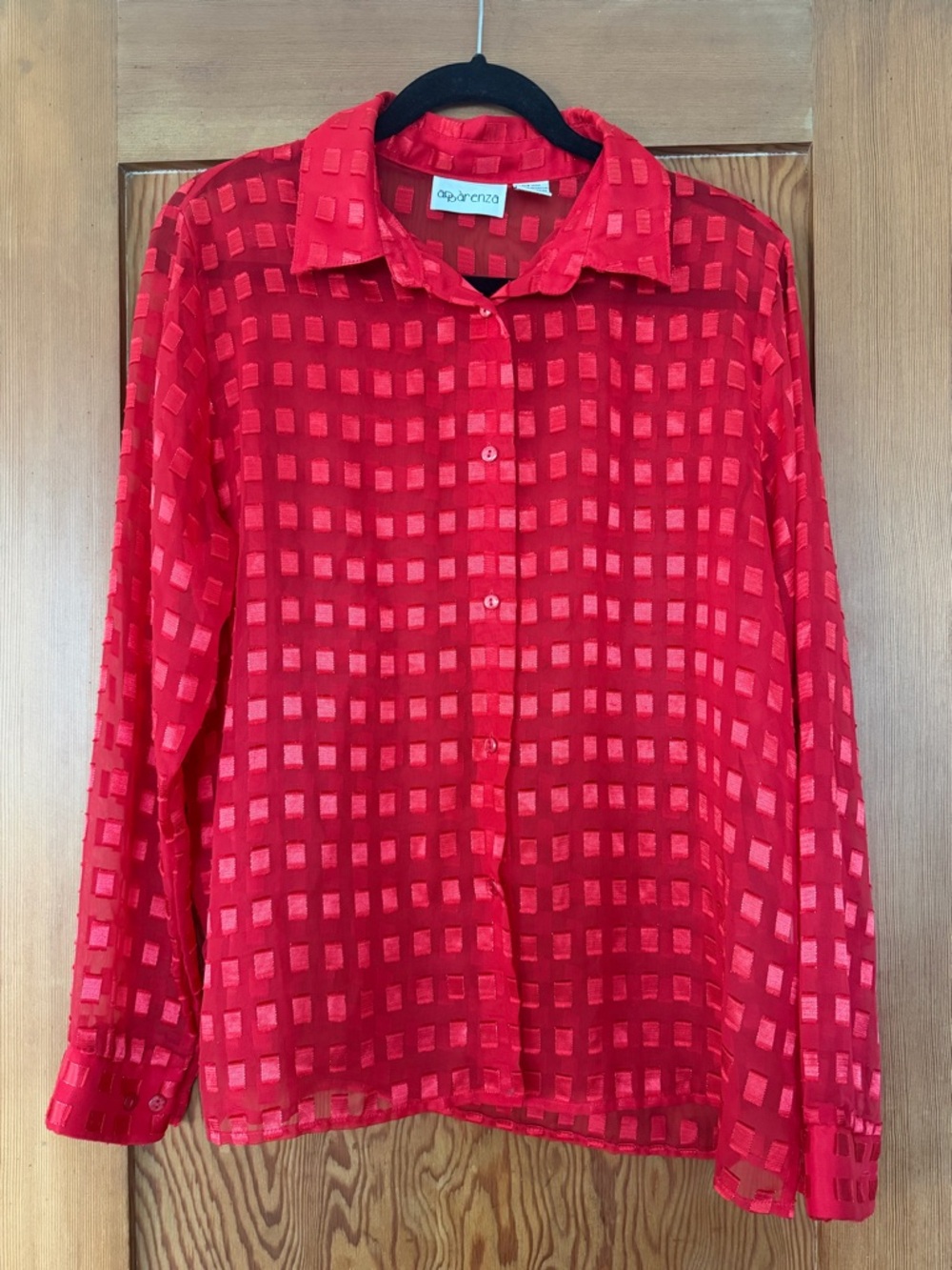 VINTAGE Red Mesh Color Block Funky 80s New Wave Button Up Blouse